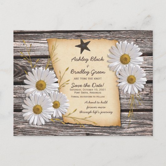 Rustikales White Daisy Western Hochzeit retten Dat Ankündigungspostkarte (Vorderseite)