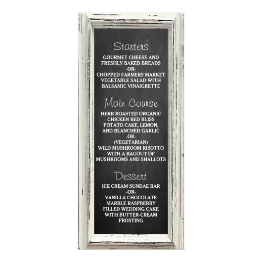 Rustikales White Frame & Chalkboard Wedding Menu Werbekarte (Vorne)
