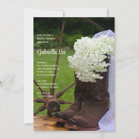 Rustikales White Hydrangeas Cowboy Boots Brautpart Einladung (Vorderseite)