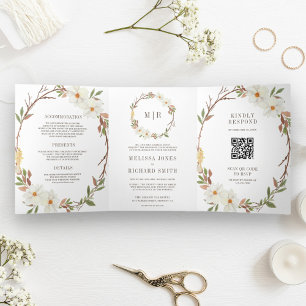 Rustikales White Magnolia Floral QR Code Hochzeit Dreifach Gefaltete Einladung