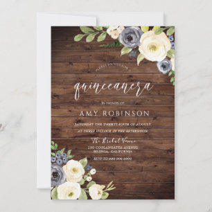 Rustikales White & Navy Blume Quinceanera Party Einladung