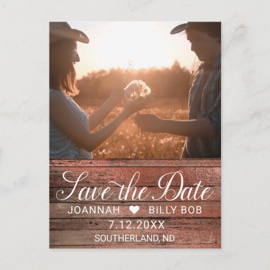 Rustikales White Script-Foto Hochzeit speichern Si Postkarte (Vorderseite)