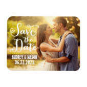 Rustikales White Script Wedding Foto Save the Date Magnet (Horizontal)