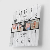 Rustikales White Wood 4 Foto Collage Familienangeb Quadratische Wanduhr (Winkel)