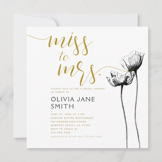 Rustikales Wild Poppy Schwarz-weiß Gold Brautparty Einladung (Vorderseite)