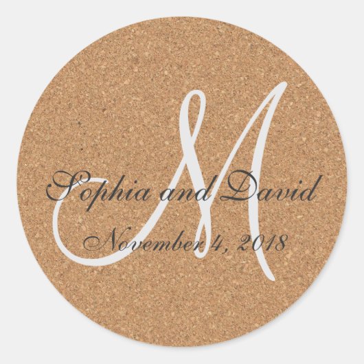 Rustikales Wine Cork Wedding Monogram Runder Aufkleber (Vorderseite)