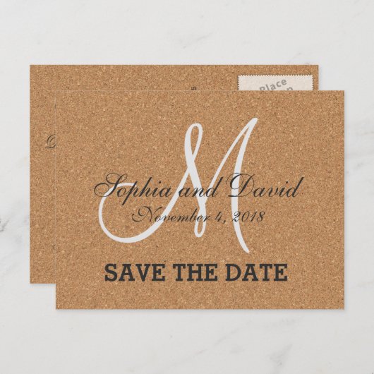 Rustikales Wine Cork Wedding Monogram SAVE THE DAT Ankündigungspostkarte (Vorne/Hinten)