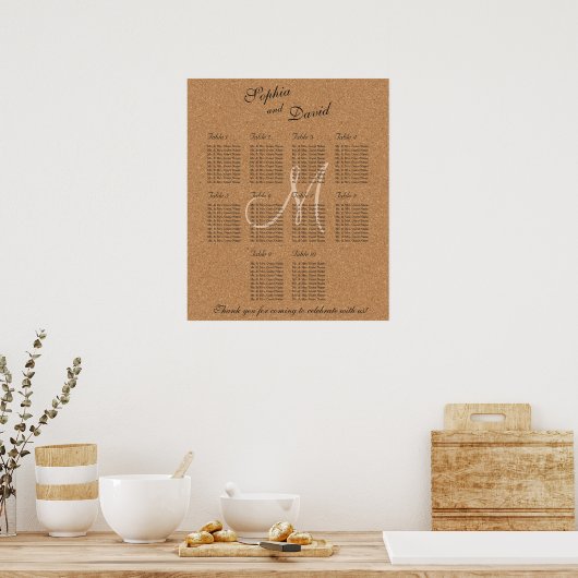 Rustikales Wine Cork Wedding Monogram Seating Char Poster (Küche)