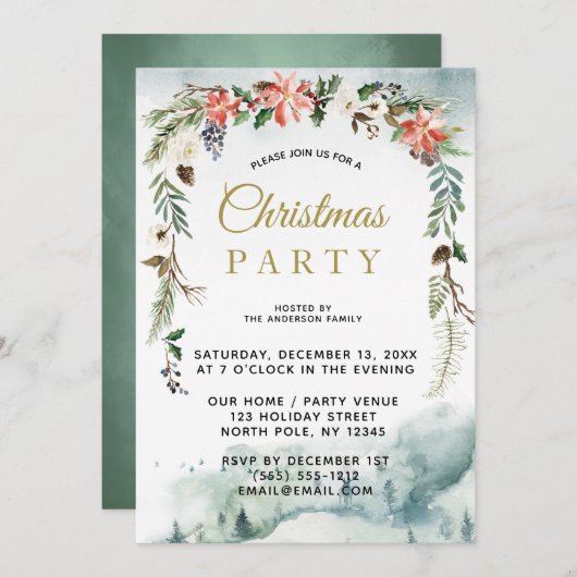 Rustikales Winter Blumenwald Weihnachtsfest Party Einladung (Vorne/Hinten)