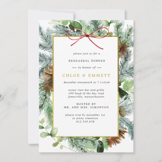 Rustikales Winter Botanische Pine Probe Abendessen Einladung (Vorderseite)