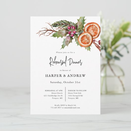 Rustikales Winter Botanische Probe Abendessen Einladung (Stehend Vorderseite)