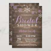 Rustikales Winter-Brautparty Lila Schneeflocken Einladung (Vorne/Hinten)