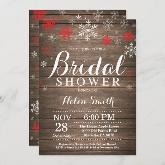 Rustikales Winter Brautparty Rote Schneeflocke Einladung (Vorne/Hinten)