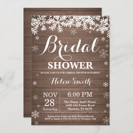 Rustikales Winter Brautparty Snowflake Einladung (Vorne/Hinten)