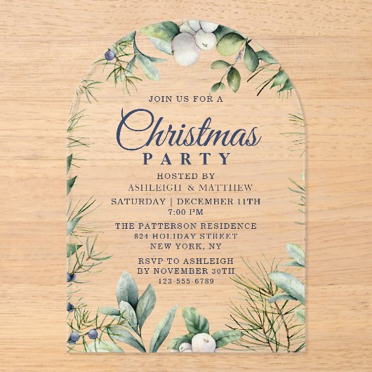 Rustikales Winter Floral Weihnachten Party Acryleinladungen (Vorderseite)