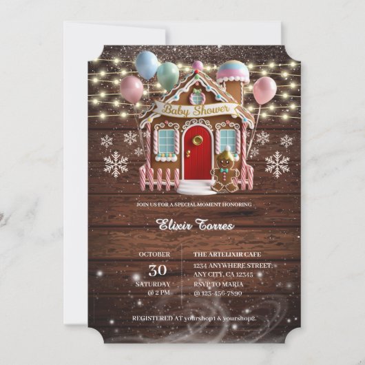 Rustikales Winter Gingerbrett Haus Babydusche Einladung (Vorderseite)