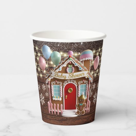 Rustikales Winter Gingerbrett Haus Babydusche Pappbecher (Rückseite)