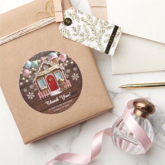 Rustikales Winter Gingerbrett Haus Babydusche Runder Aufkleber (Schenken)
