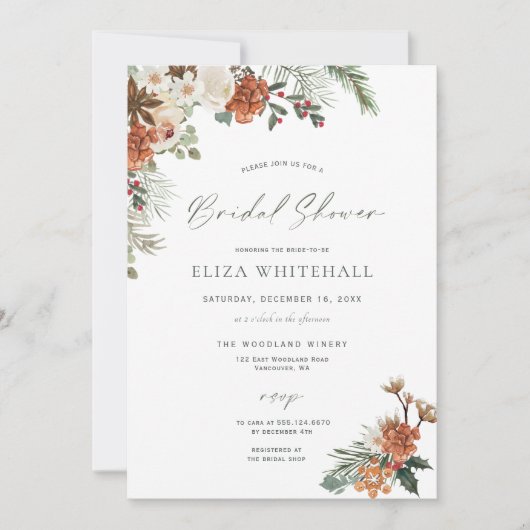 Rustikales Winter Holiday Greenery Pine Brautparty Einladung (Vorderseite)