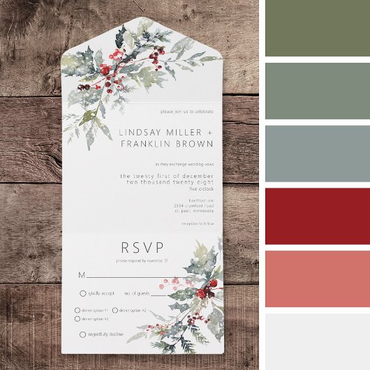 Rustikales Winter Holly Berries & Snow Dinner All In One Einladung