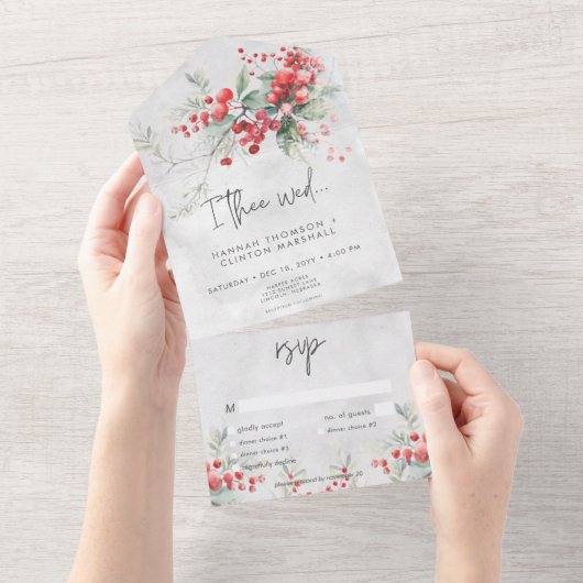 Rustikales Winter Holly & Pine Hochzeitsessen All In One Einladung (Abreißen)