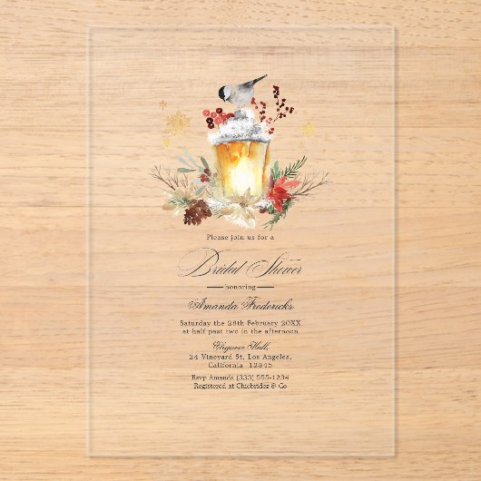 Rustikales Winter Lantern Transparentes Brautparty Acryleinladungen (Vorderseite)