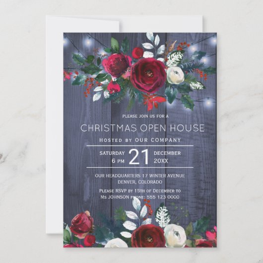 Rustikales Winter Navy Red Floral Weihnachtshaus Einladung (Vorderseite)