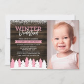 Rustikales Winter Onederland Pink 1. Geburtstag Fo Einladung (Vorderseite)