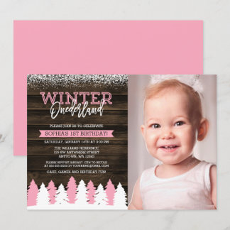 Rustikales Winter Onederland Pink 1. Geburtstag Fo Einladung