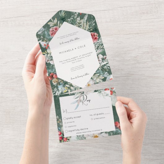 Rustikales Winter Pine Emerald Dinner All In One Einladung (Abreißen)
