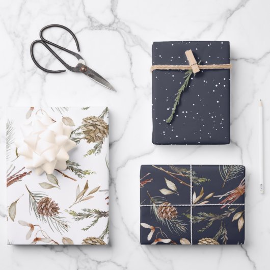 Rustikales Winter Pinecone Wrapping Paper Set Geschenkpapier Set (Vorderseite)