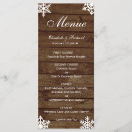 Rustikales Winter Wedding Barn Wood Snowflakes Men Menükarte