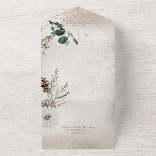 Rustikales Winter White Floral Gold Dinner All In One Einladung (Außenbereich)