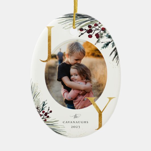 Rustikales Winterboughs Golden Joy Foto Keramik Ornament (Vorne)