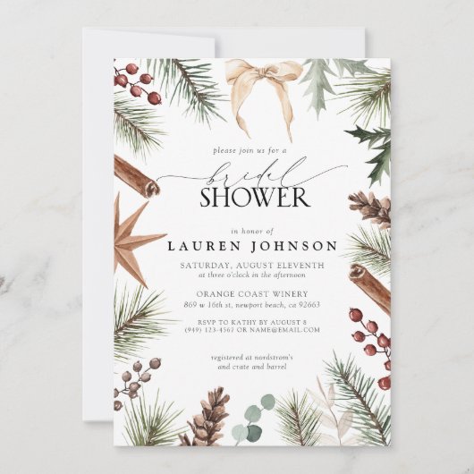 Rustikales Winterbow Evergreen Berry Brautparty Einladung (Vorderseite)