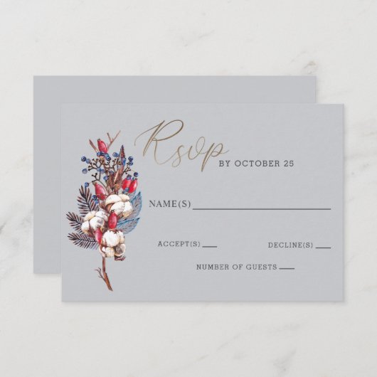 Rustikales Wintercotton Blue Red Berries Wedding RSVP Karte (Vorne/Hinten)