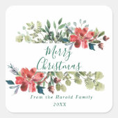 Rustikales Wintergrün mit roten Blume Quadratischer Aufkleber (Vorderseite)