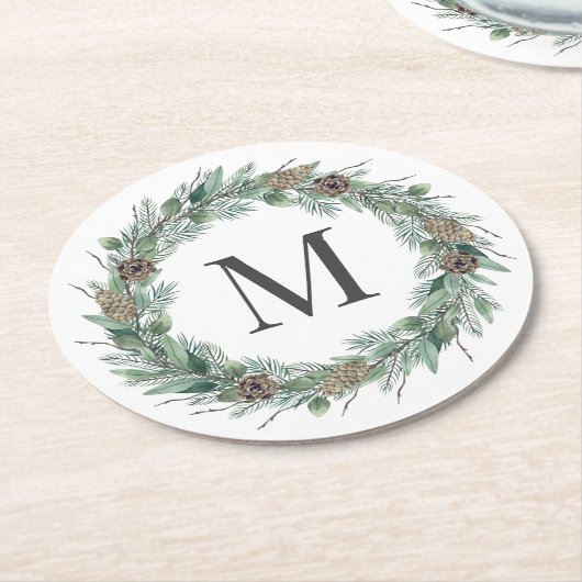 Rustikales Wintergrün Monogram, Initialzündung Runder Pappuntersetzer (Angewinkelt)