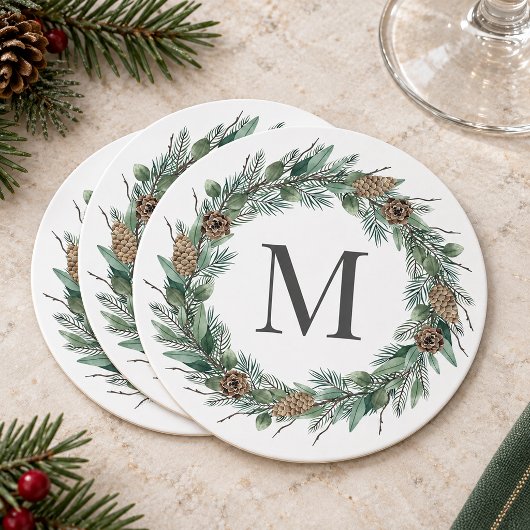 Rustikales Wintergrün Monogram, Initialzündung Runder Pappuntersetzer