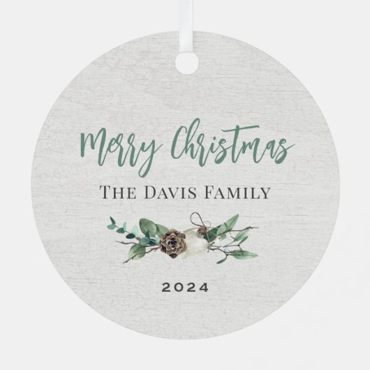 Rustikales Wintergrün Monogram Wreath White Wood Ornament Aus Metall (Rückseite)