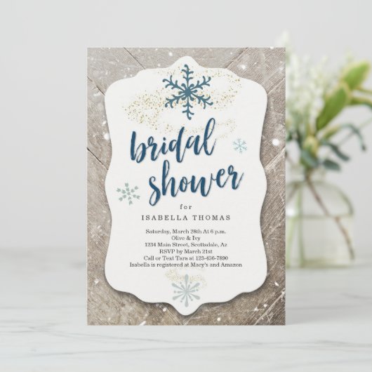 Rustikales Winterschnee-Brautparty Einladung (Stehend Vorderseite)