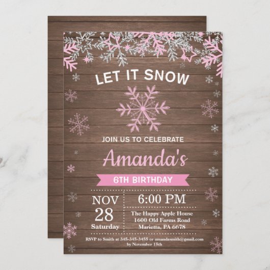 Rustikales Winterschneeflocken Rosa Silbermädchen Einladung (Vorne/Hinten)