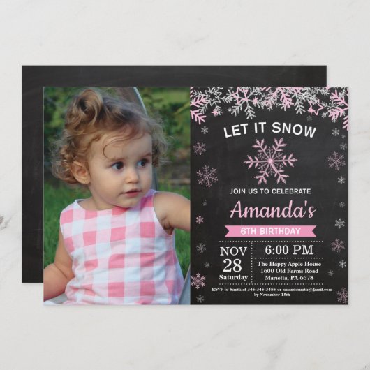 Rustikales Winterschneeflocken Rosa Silbermädchen Einladung (Vorne/Hinten)