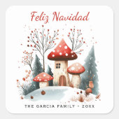Rustikales Winterwald Feliz Navidad Quadratischer Aufkleber (Vorderseite)