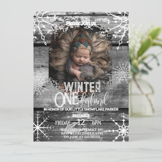 Rustikales Winterwunderland Silver Einladung (Stehend Vorderseite)