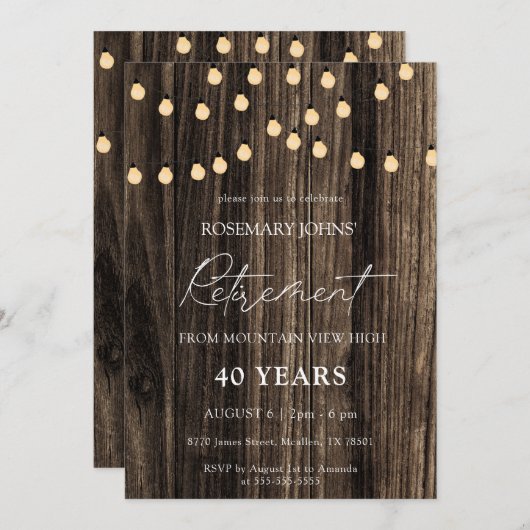 Rustikales Wohn-String-Lights-Rentirement Einladung (Vorne/Hinten)