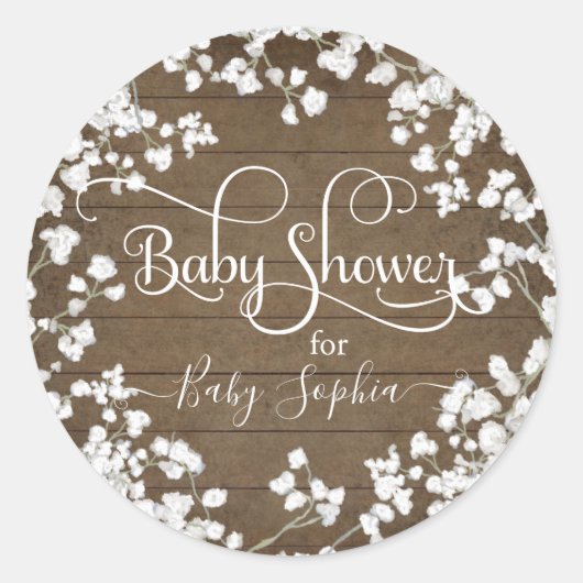 Rustikales Wood Babys Breath Boho Floral Baby Dusc Runder Aufkleber (Vorderseite)