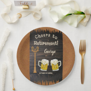 Rustikales Wood & Bier & Leather Happy Retirement Pappteller