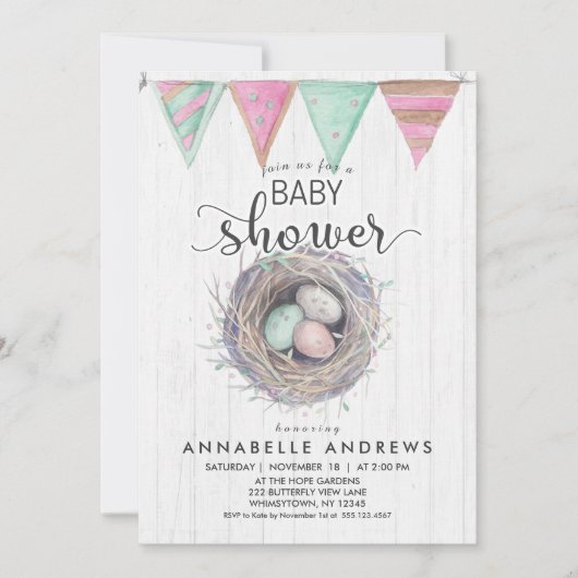Rustikales Wood & Bird Nest Baby Dusche Einladung (Vorderseite)