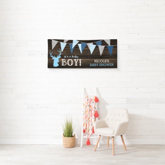 Rustikales Wood Blue Ier Boy Baby Dusche Banner (Insitu)